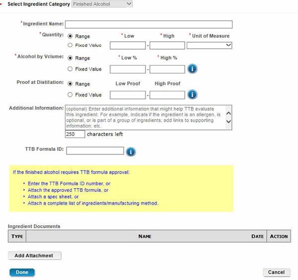Ingredient Form Example – Finished Alcohol