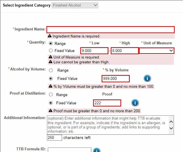 Validation Errors Example (Finished Alcohol Ingredient Form)
