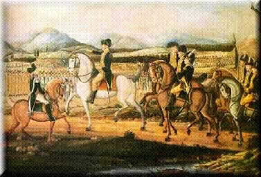 Image of President Washington, astride a white horse, reviews his troops at Carlisle, Pennsylvania in September 1794.