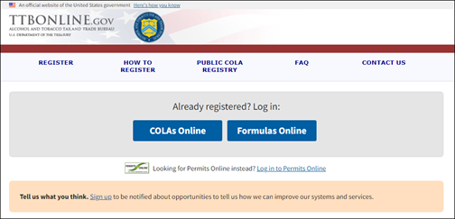 Go to https://www.ttbonline.gov/and select the application you wish to log in to. 