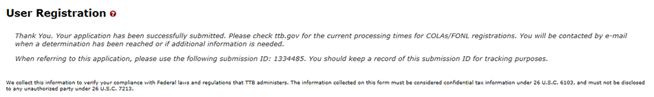 Select the “Submit” button. The Submission Confirmation page displays with a submission ID and the modify user registration submission is successfully submitted.