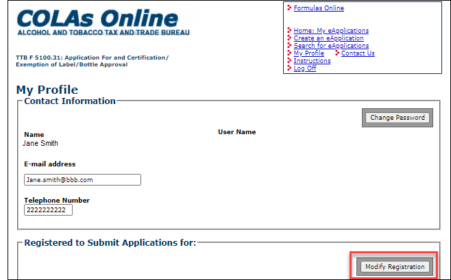 On the My Profile screen, select “Modify Registration”: