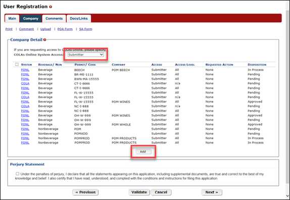 Your existing user registration will open to the “Company” tab. 