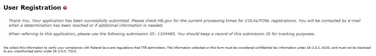 Select the “Submit” button. The Submission Confirmation page displays with a submission ID and the modify user registration submission is successfully submitted. 