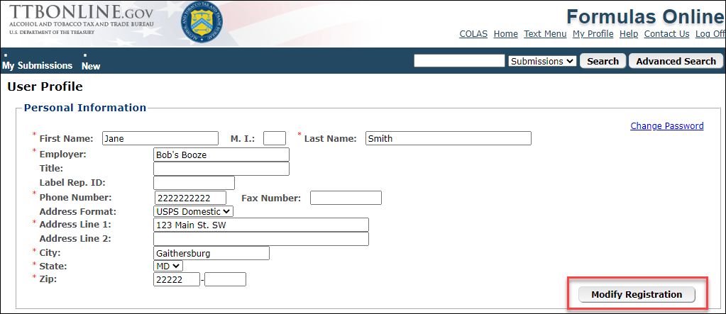 On the My Profile screen, select “Modify Registration:”