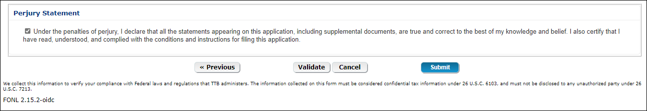 Select the “Perjury Statement” checkbox at the bottom of the tab to acknowledge you have read, understood, and complied with instructions for filing the application. 