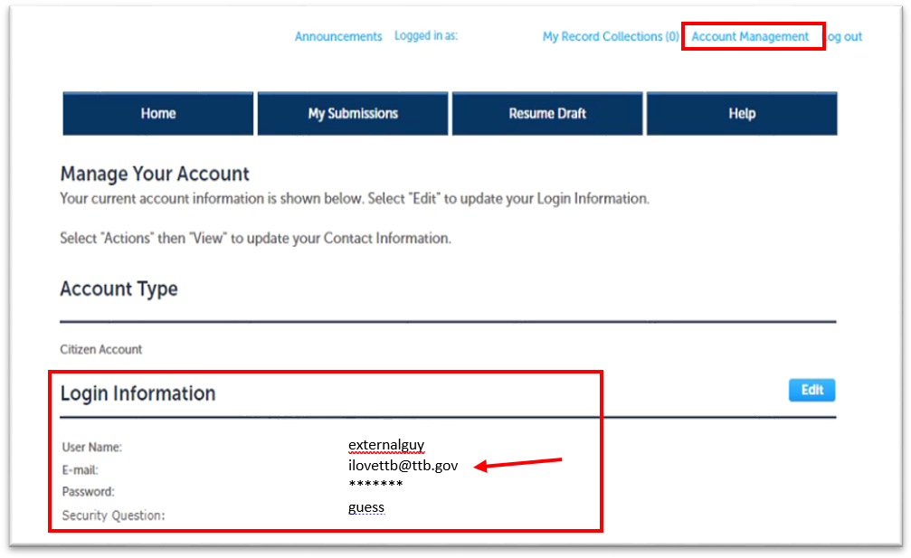 Screenshot of account managment landing page