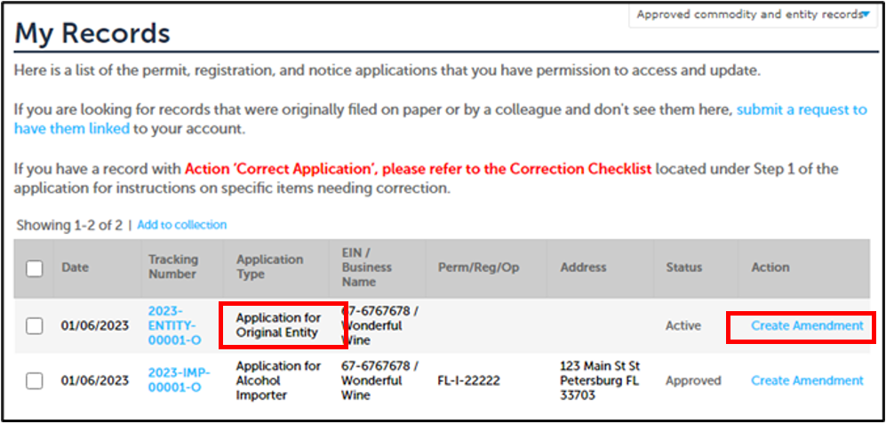 Permit Online My Assigned Records table with third column Application Type and last column for Create Amendment link highlighted. 