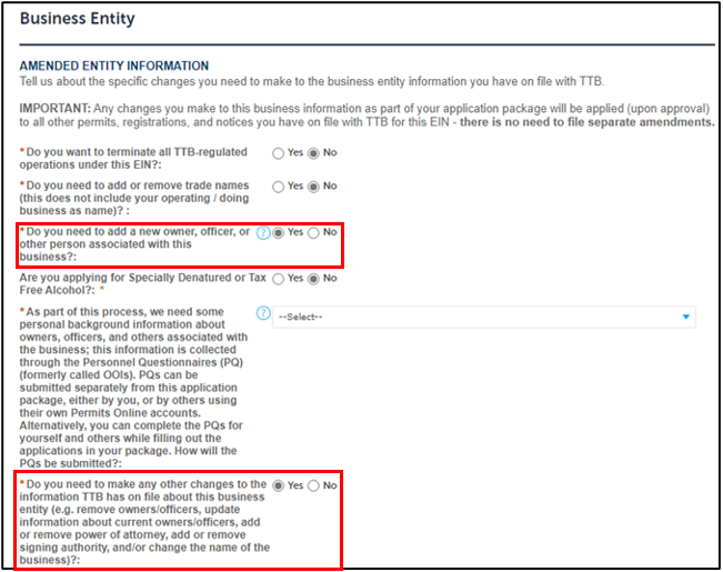 Permit Online Business Entity screen with list of questions for possible types of Amendments that 