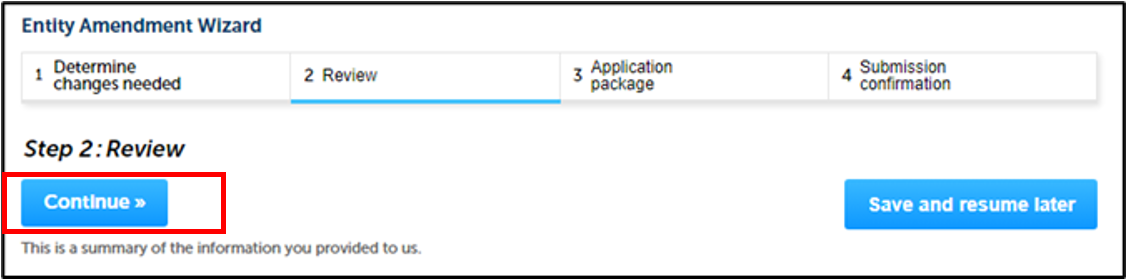 Application screen with Step 2 Review selected and Continue button highlighted. 
