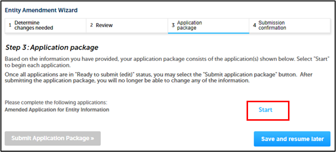 Application Screen with Step 3 Application page selected and Start button highlighted.