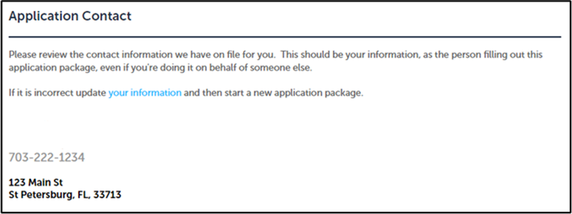 Application Package Application Contact information section.
