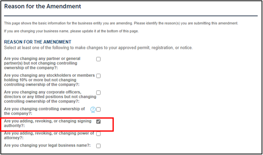 Application Package: Reason for Amendment section Are you adding, revoking or changing authority highlighted.