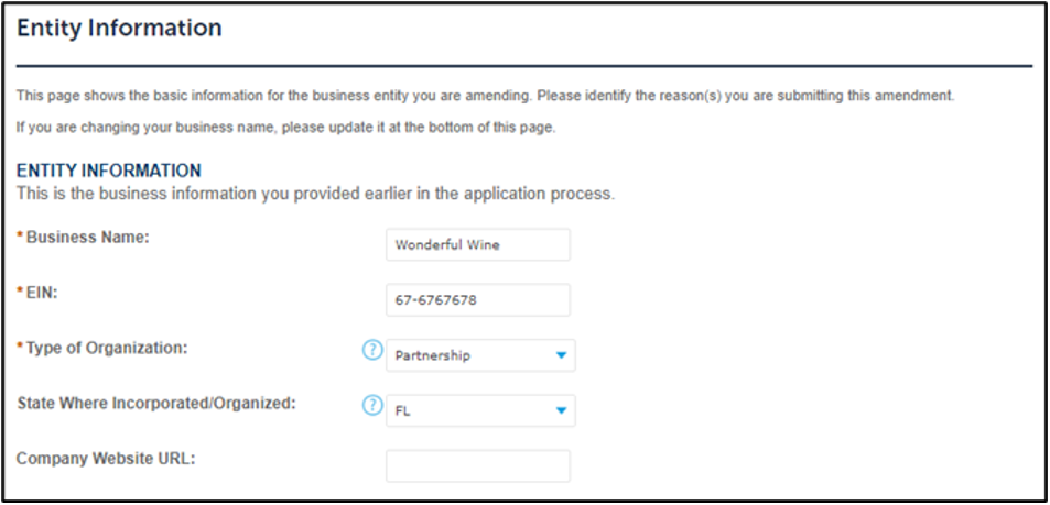 Application Package: Entity Information section.