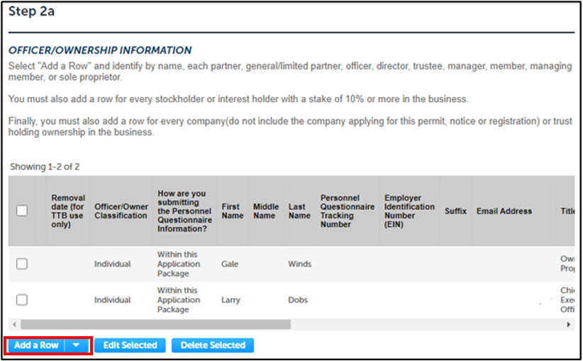 Application Package: Officer Ownership Information section Add a Row button highlighted.