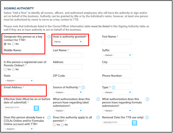 Application Package: Signing Authority section with Designation, How authority granted and Email highlighted.