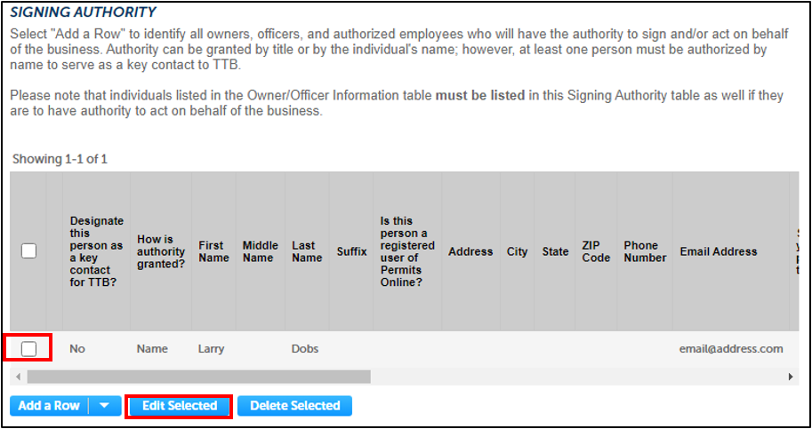 Signing Authority section with checkbox and Edit Selected Button highlighted.