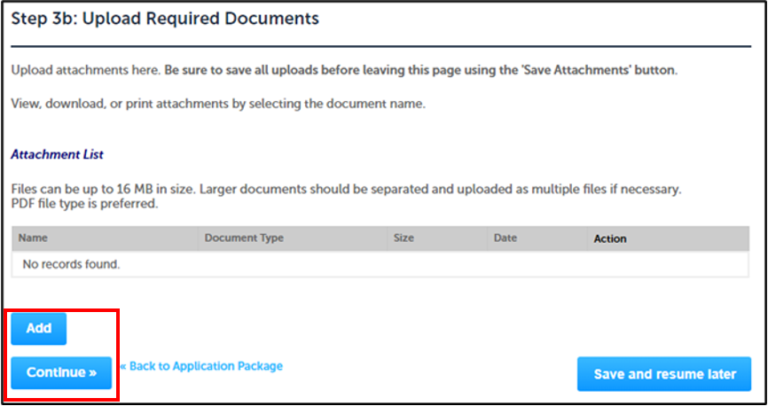 Upload Required Document screen identify the type of requirements needed for the type of Amendment selected.  Add and Continue button highlighted.