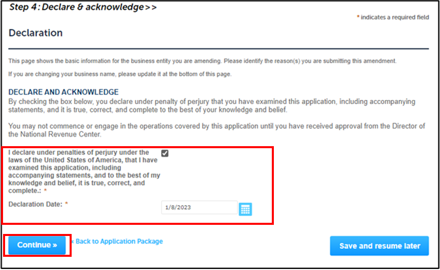 Declaration screen. Declaration, Checkbox and Continue button highlighted.