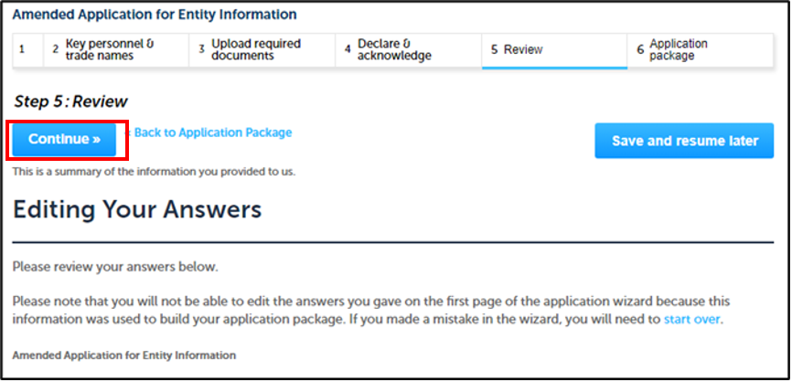 Permit Online Amendment Package screen Step 5 Review selected and Continue Button highlighted.