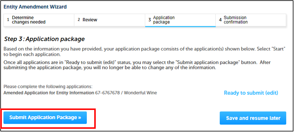 Submit Application Package screen with Application package selected and Submit Application Package button highlighted.