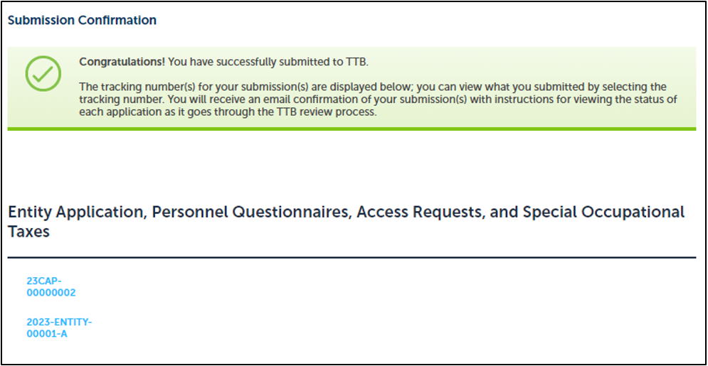 Success Confirmation message that Application Package was submitted.