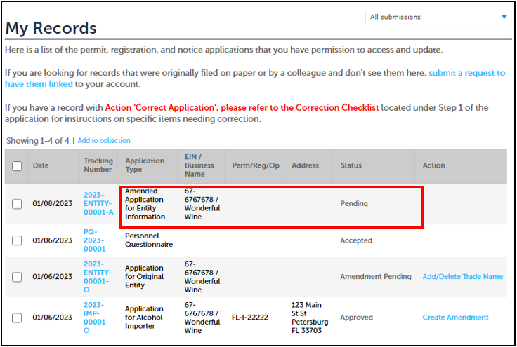 Permit Online My Records table with Application Type, EIN and Status highlighted.
