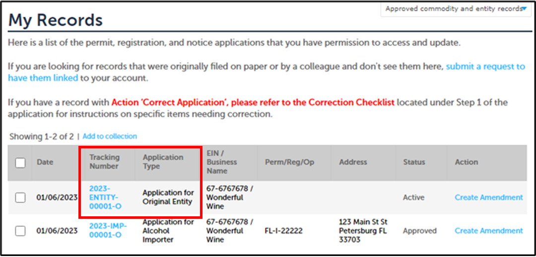Permit Online My Records table with second and third column for Tracking Number and Application Type highlighted. 