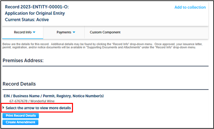 Permit Online Entity Record info tab with Premises Address, Record Details sections and View More Details Options. Select the arrow to view more details is highlighted. 