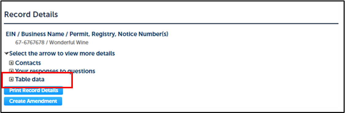 Permit Online Entity Record information. Focus on Record Details section and More Detail Option. + Table data option in more details is highlighted. 