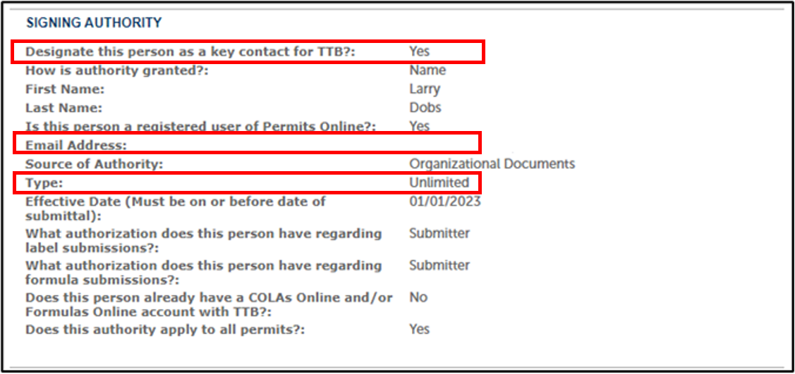 Permit Online Entity Record information. Focus on Signing Authorities and their key contact designation. Designation field, Email Address field and Type field highlighted as well as Create Amendment button.