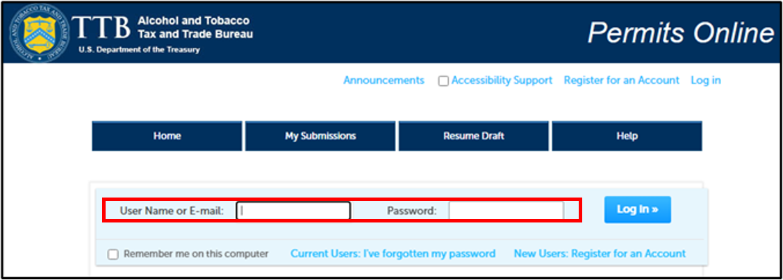 Permit Online Login screen with User Name and Password highlighted.