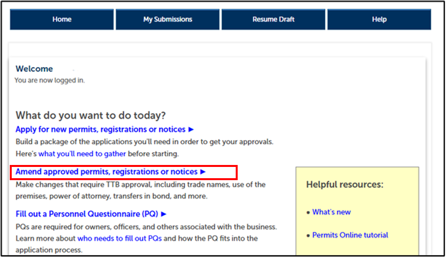 Permit Online Welcome screen with Amend approved permits, registrations or notices highlighted.